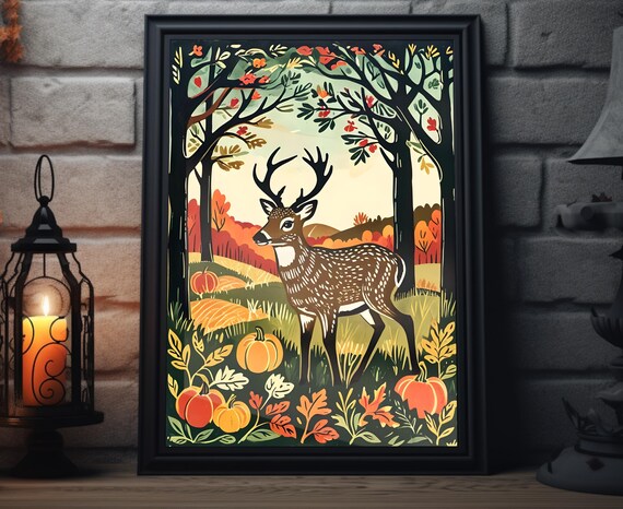 Spotted Deer Autumn Forest Pumpkins Harvest Woodcut Art Poster