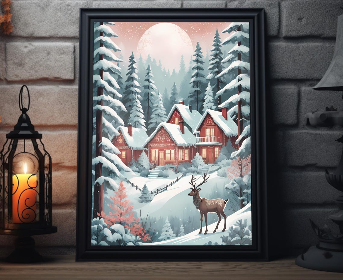 Snowy Cabin Moonlit Forest Deer Red Cottages Winter Night Poster