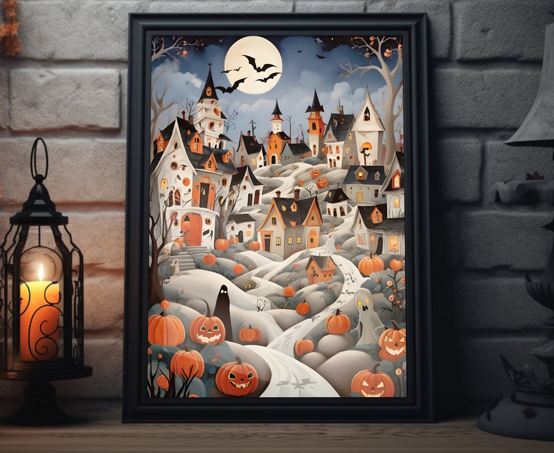 Halloween Village Ghosts Jack O Lanterns Full Moon Spooky Art Poster