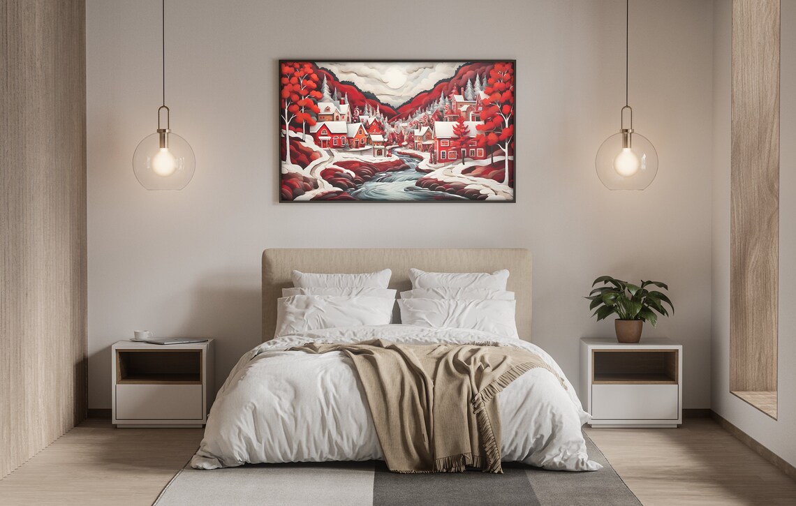 Folk Art Red Christmas Village River Snowy Mountain Scene Poster - Image 4