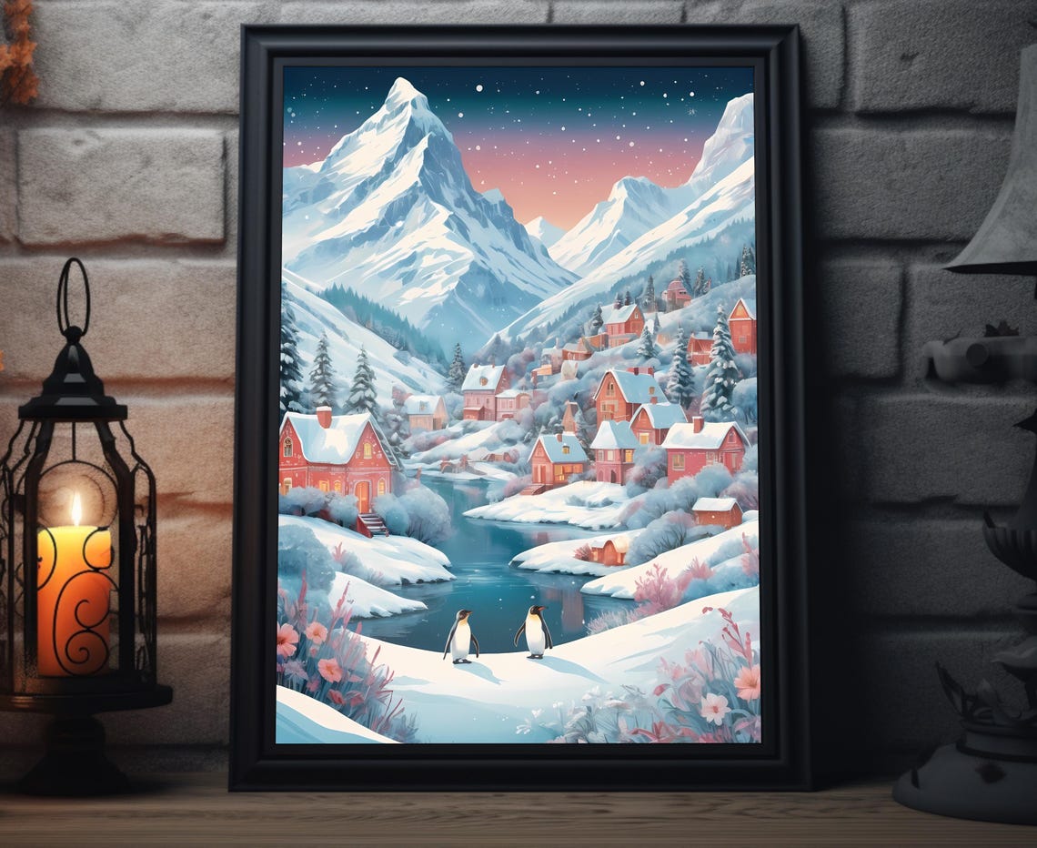 Pastel Winter Village With Penguins Snowy Mountain Art Poster