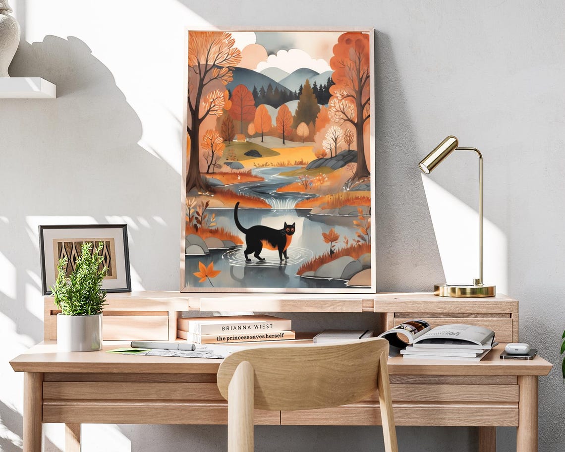 Black Cat Autumn River Waterfall Mountain Stream Fall Art Poster - Image 4