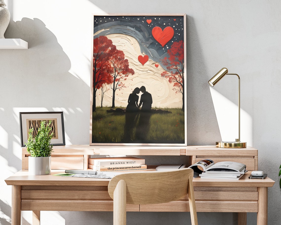 Valentines Couple Silhouette Giant Moon Red Trees Romantic Art Poster - Image 4