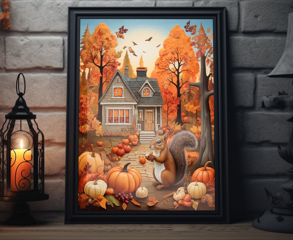 Fall Forest Squirrel Pumpkins Cozy House Autumn Trees Wall Poster
