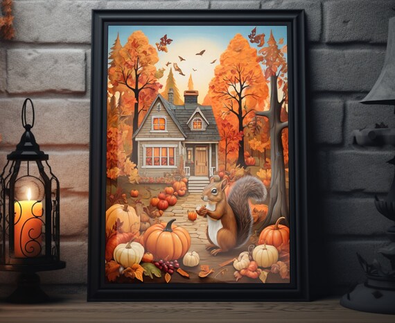 Fall Forest Squirrel Pumpkins Cozy House Autumn Trees Wall Poster