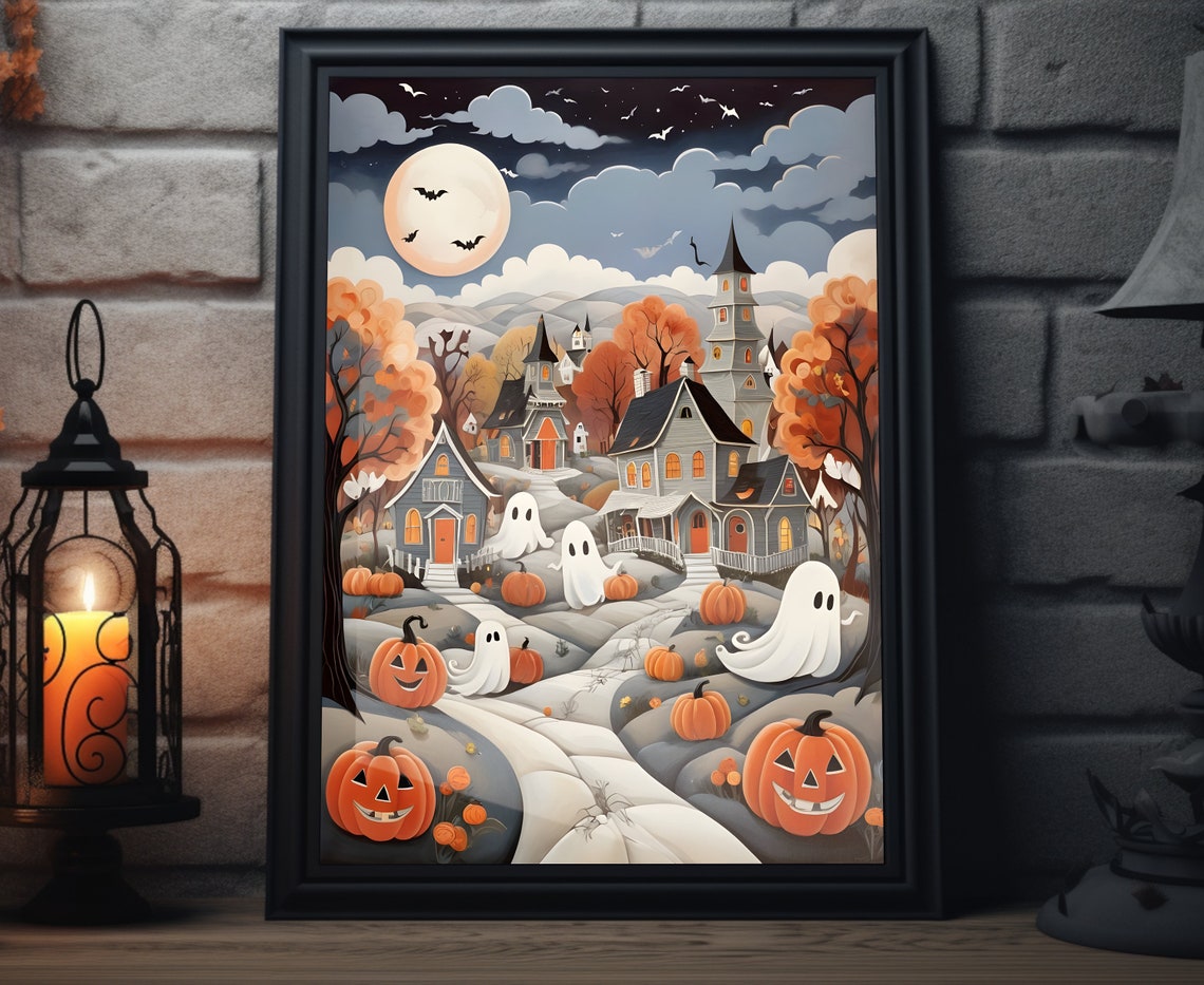 Spooky Cute Halloween Town Ghosts Jack o Lanterns Full Moon Poster
