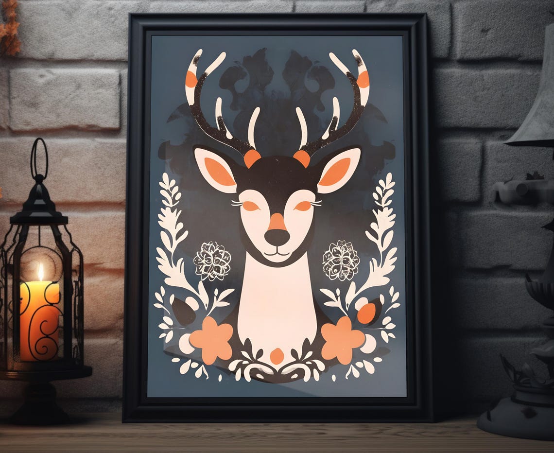 Elegant Boho Reindeer Head Floral Botanical Christmas Art Poster