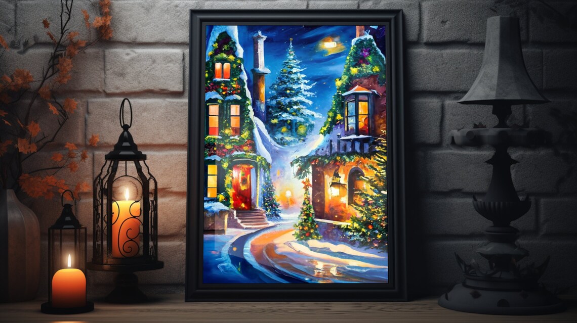Christmas Town Painting Matte Poster Print Holiday Decor Christmas Winter Wall Art Vibrant Christmas Colors Xmas Holiday Art Print
