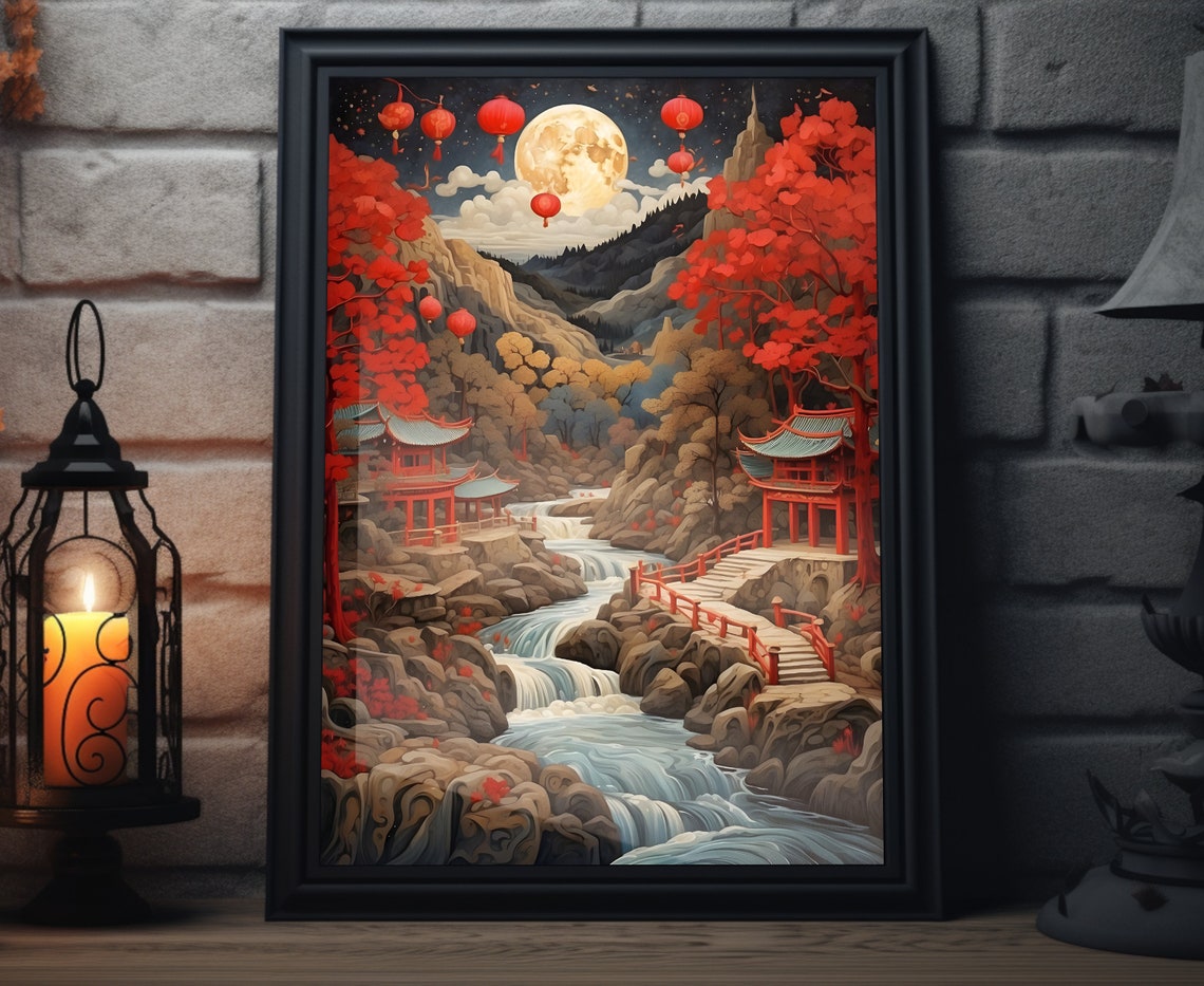Red Lanterns Full Moon Pagodas Waterfall Lunar New Year Poster