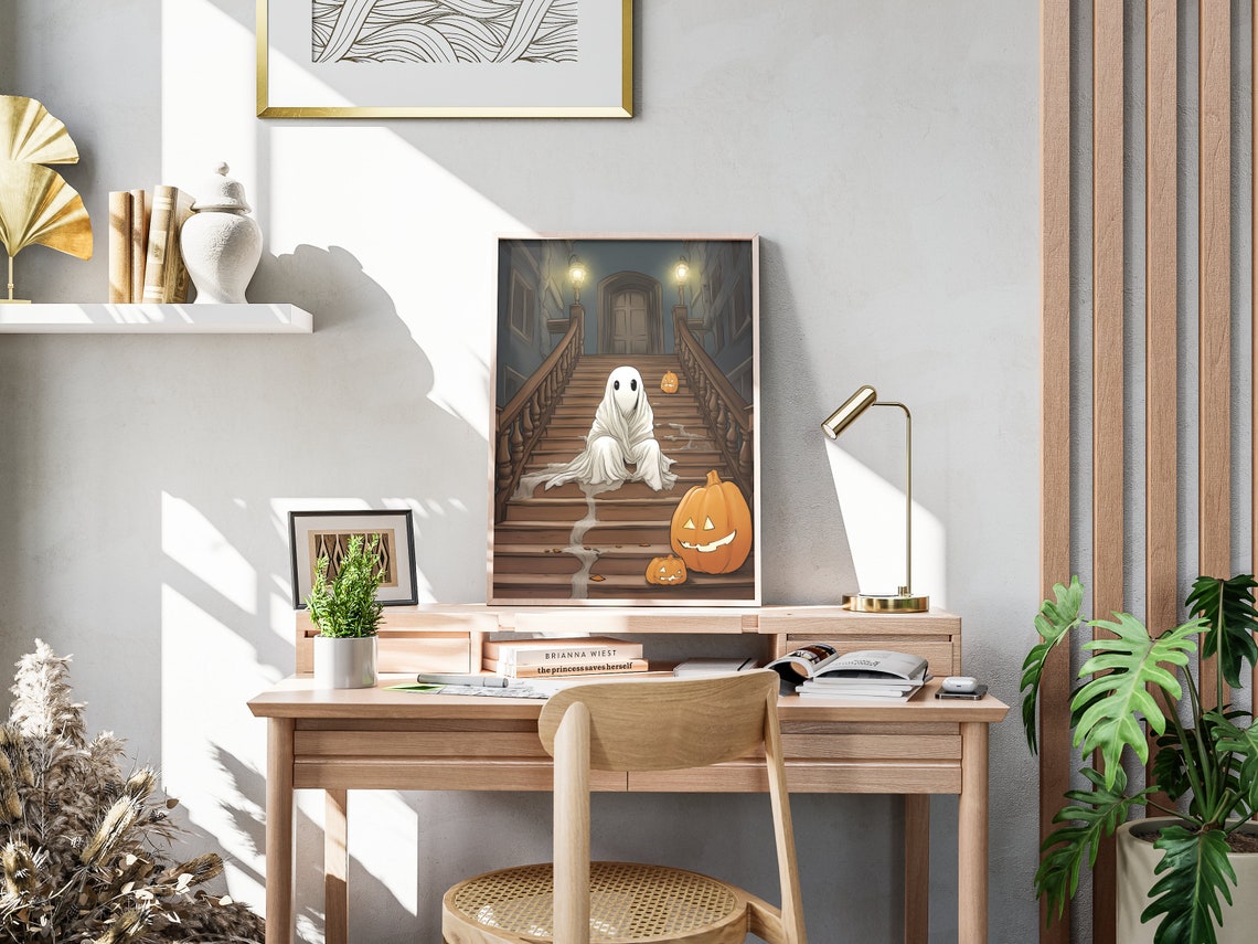 Adorable Ghost on Stairs With Jack O Lanterns Halloween Wall Art - Image 4