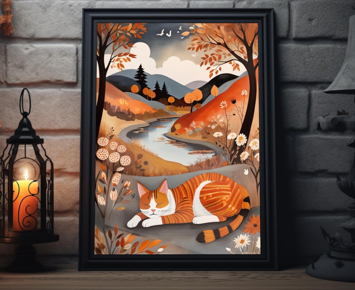Sleeping Orange Tabby Cat Autumn River Valley Mountains Folk Art Poster
