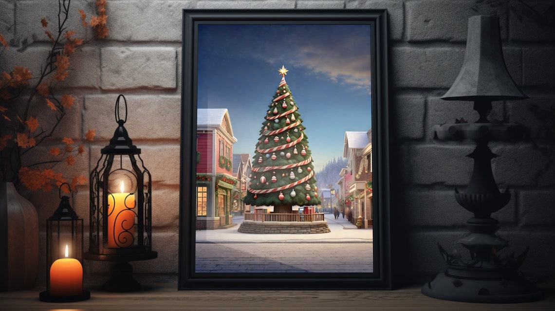 Christmas Tree Town Square Decorated Holiday Evening Scene Poster