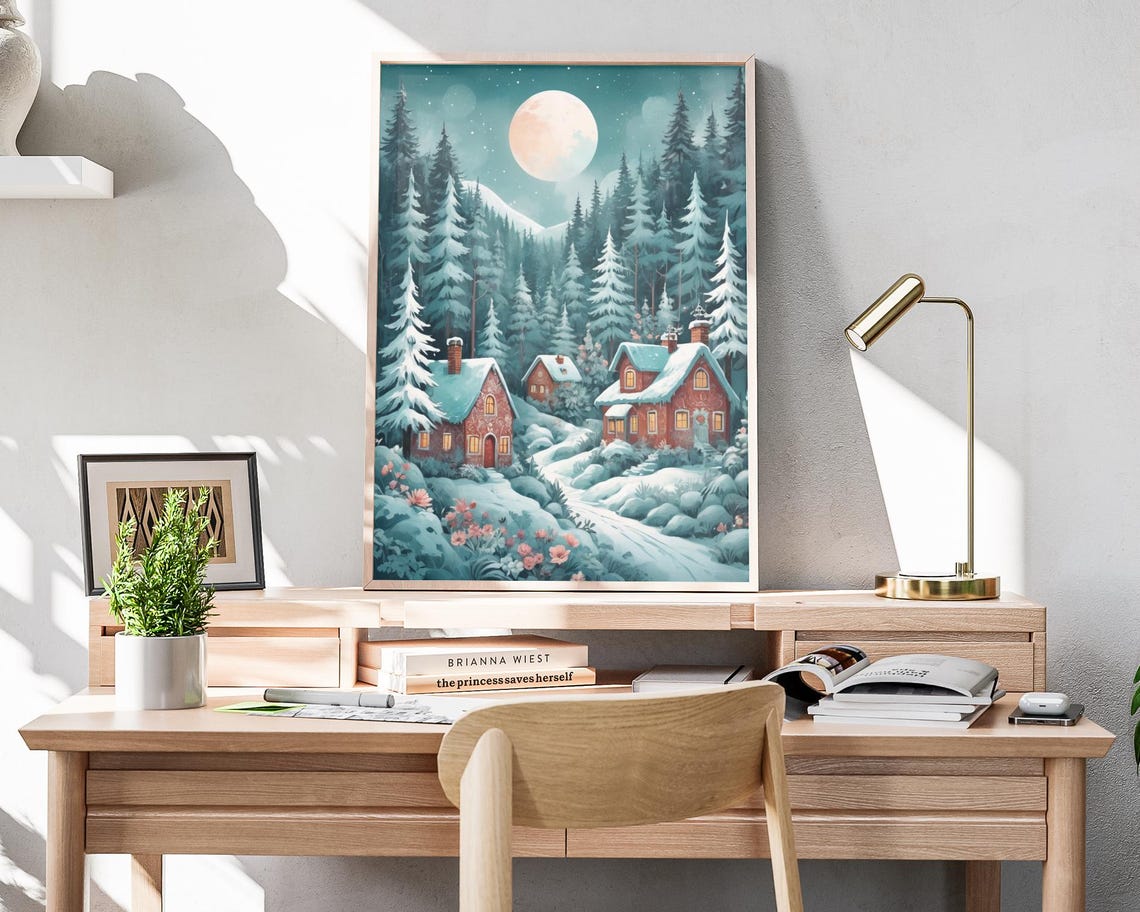 Moonlit Winter Forest Cottage Snowy Pines Floral Night Art Poster - Image 4