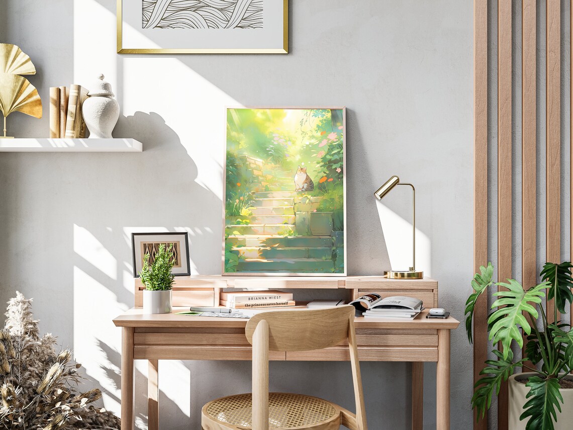 Cat Sunlit Garden Stairs Watercolor Flower Path Peaceful Kitty Wall Poster - Image 4