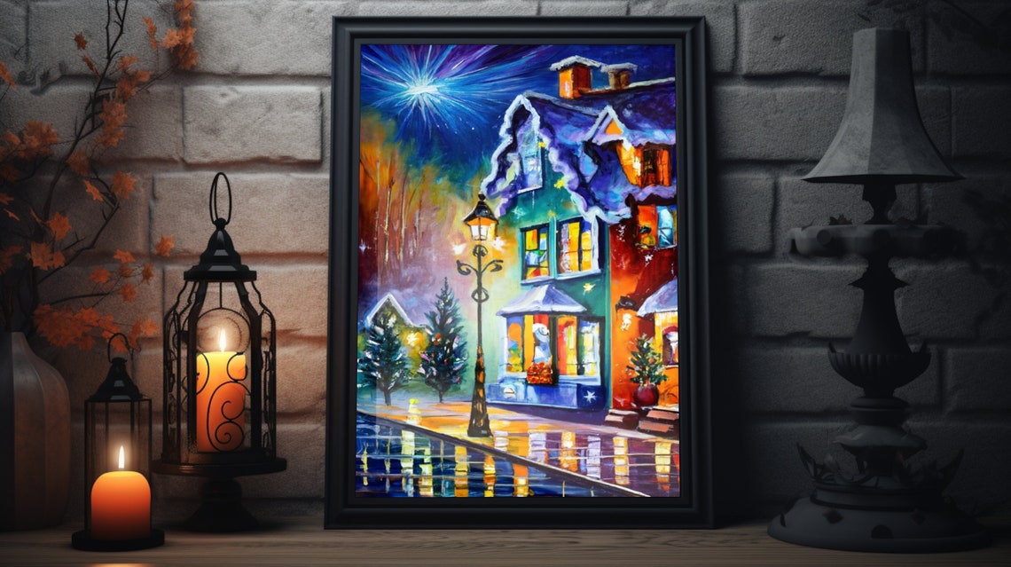 Snowy Village House With Glowing Windows Christmas Night Scene Poster