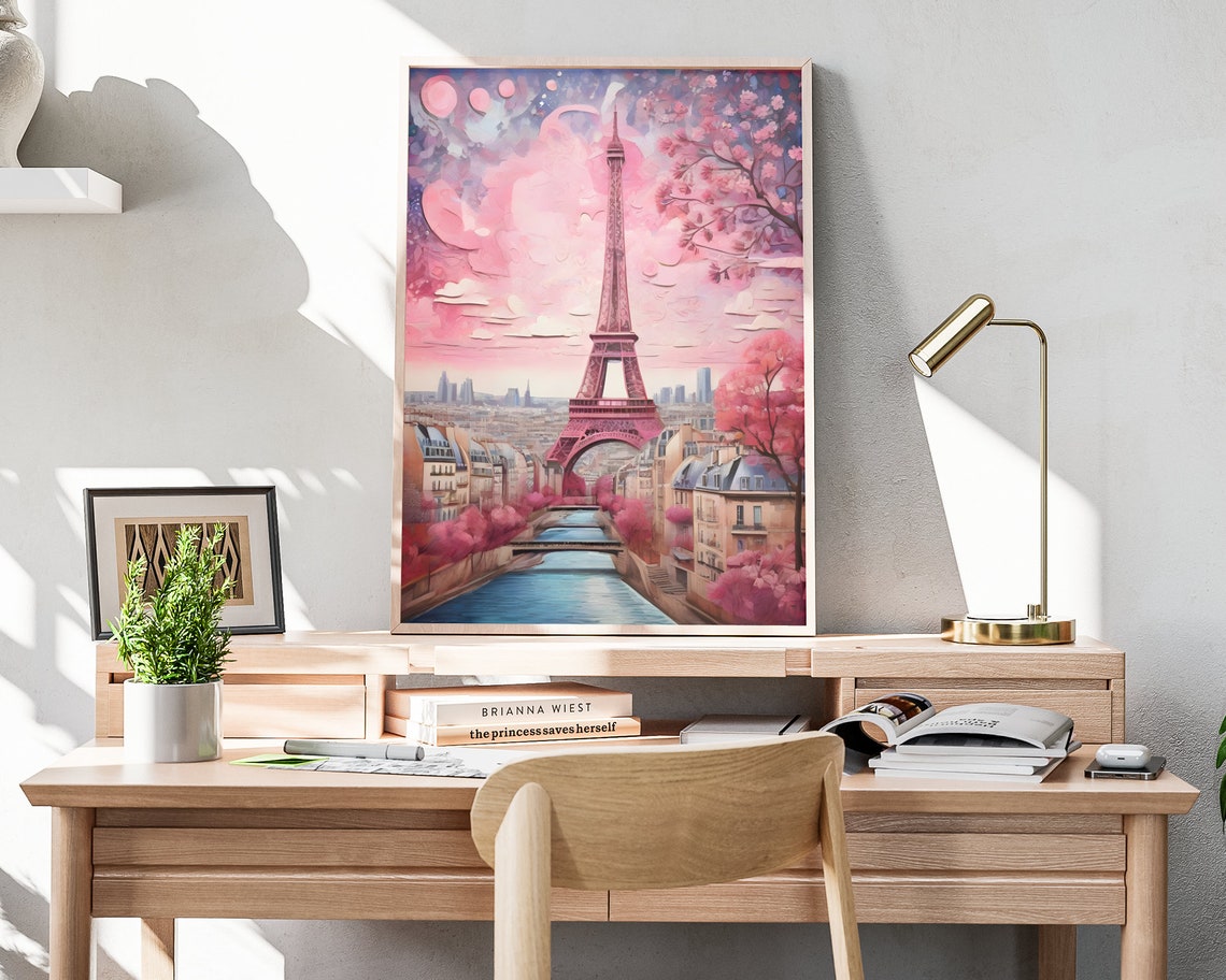 Paris Eiffel Tower Cherry Blossom Pink Sky Seine River Day View Poster - Image 3