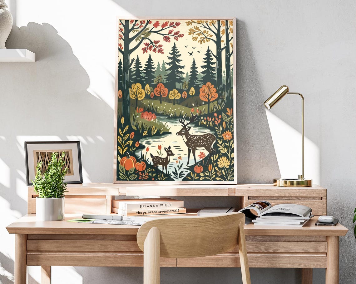 Deer Family Forest Stream Autumn Pumpkins Woodcut Fall Art Poster - Image 4