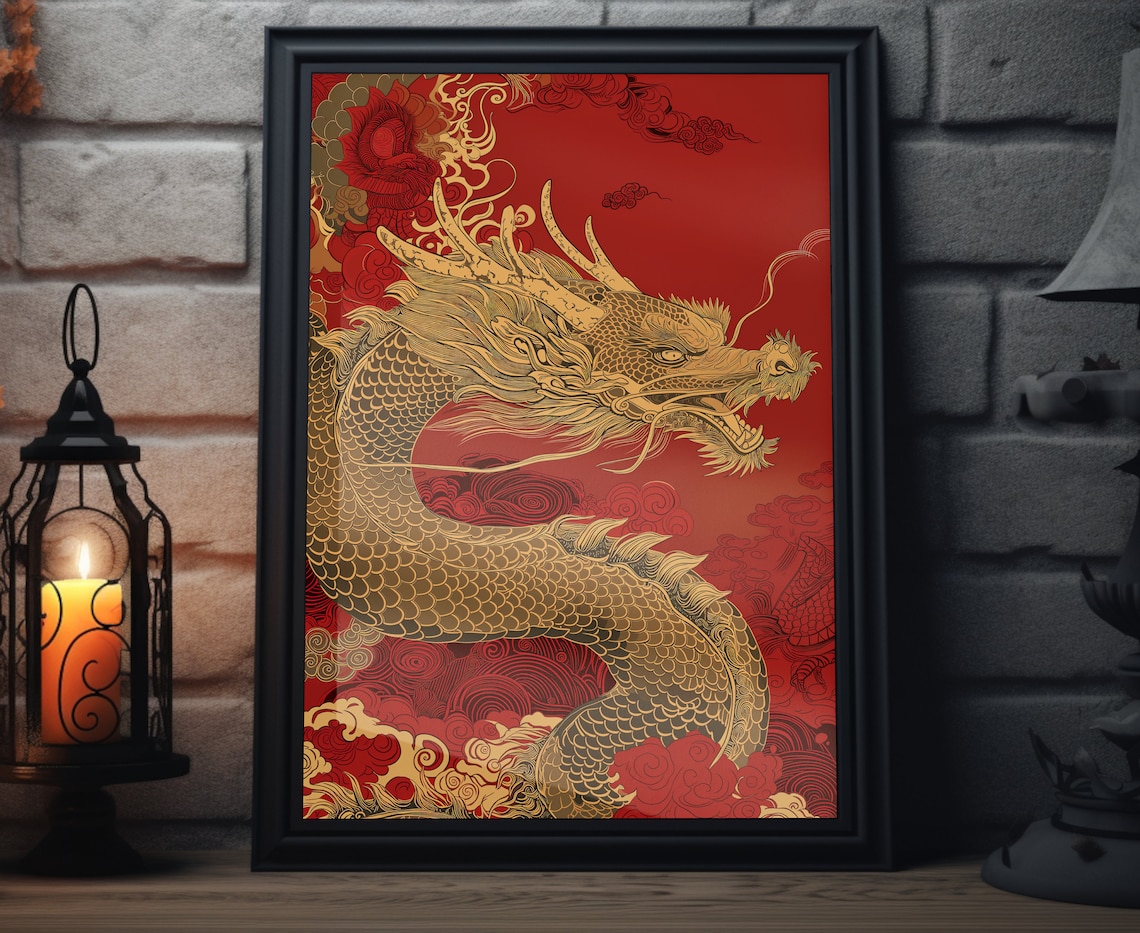 Chinese New Year Golden Dragon Red Lunar Festival Wall Art Poster