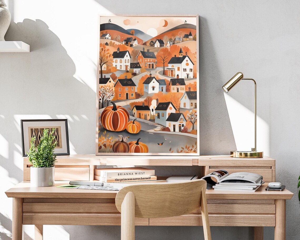 Fall Town Folk Art Pumpkin Hills Village Autumn Houses Harvest Scene Poster - Image 4