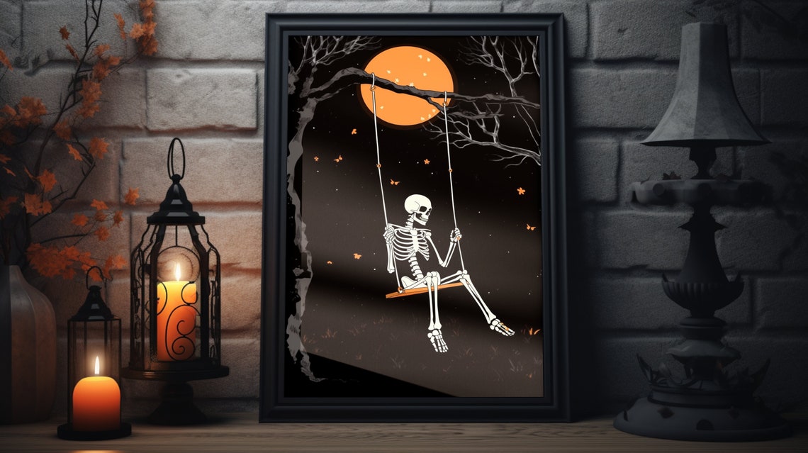 Skeleton Swing Orange Moon Night Bats Spooky Halloween Poster