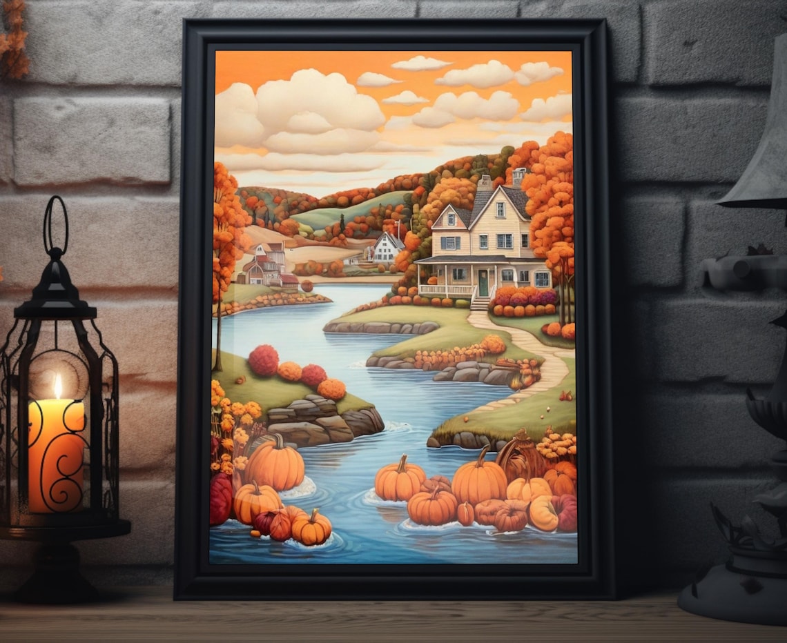 Fall Lake Folk Art Print Autumn Pumpkins Riverside Town Golden Harvest Landscape