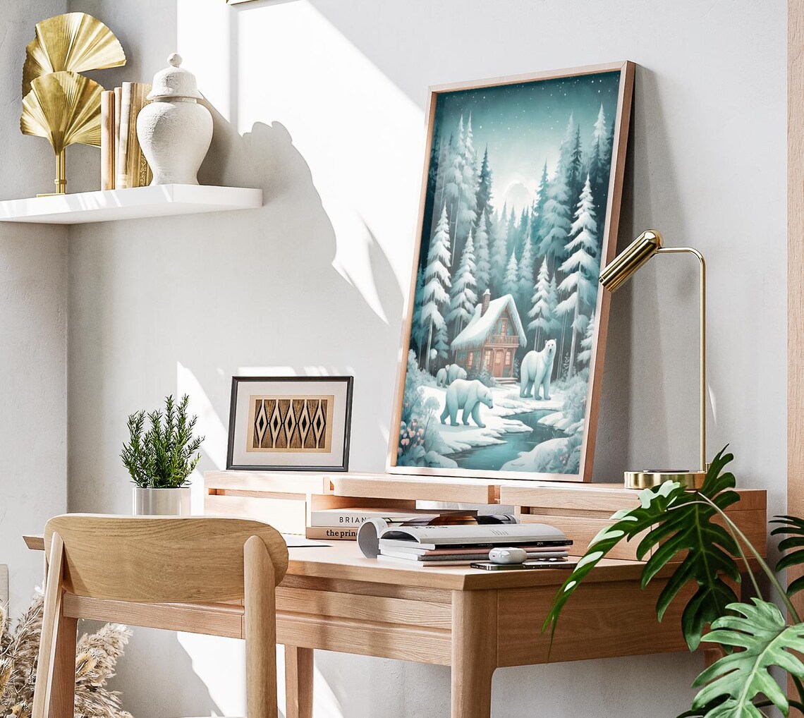 Polar Bear Family In Snowy Winter Forest Cabin Night Art Poster - Image 3