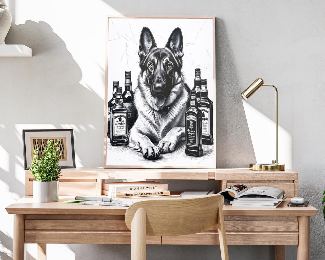 German Shepherd Lying Among Liquor Bottles Bar Sketch Poster - Image 4
