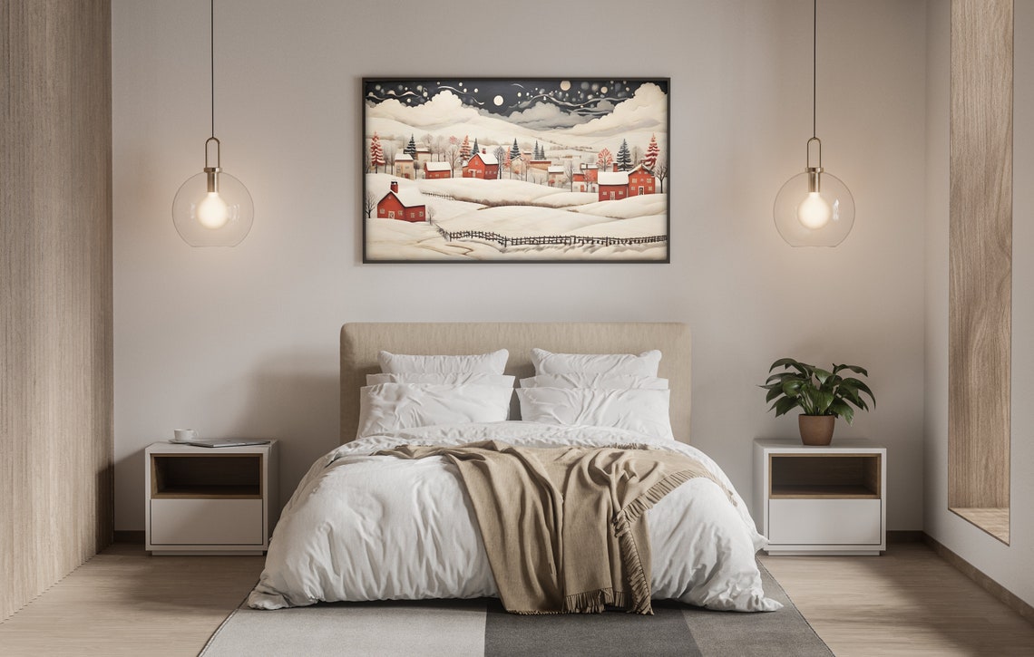 Snowy Valley Red Barns Moonlit Clouds Winter Christmas Night Poster - Image 3