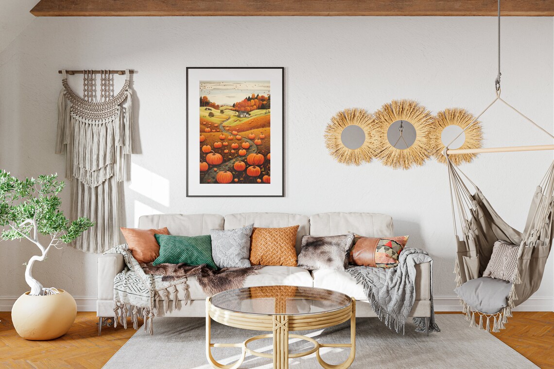 Vintage Pumpkin Patch Folk Art, Thanksgiving Art Print - Image 2