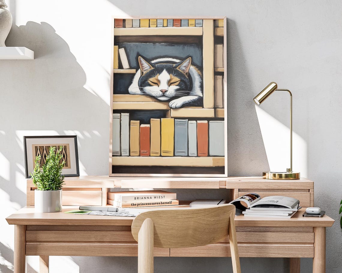 Calico Cat Sleeping On Bookshelf Among Books Cozy Wall Art Poster - Image 4