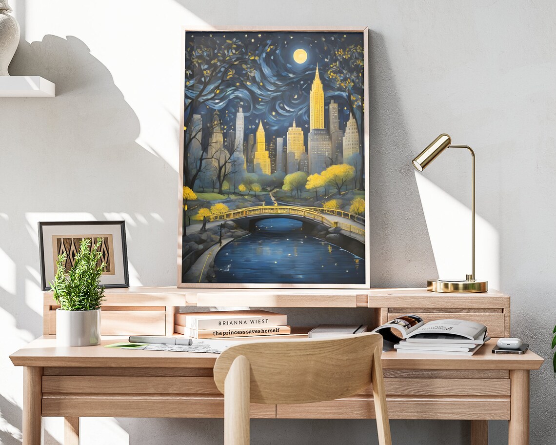 New York Central Park Night Bridge Moonlit Skyline Swirling Sky Art Poster - Image 3
