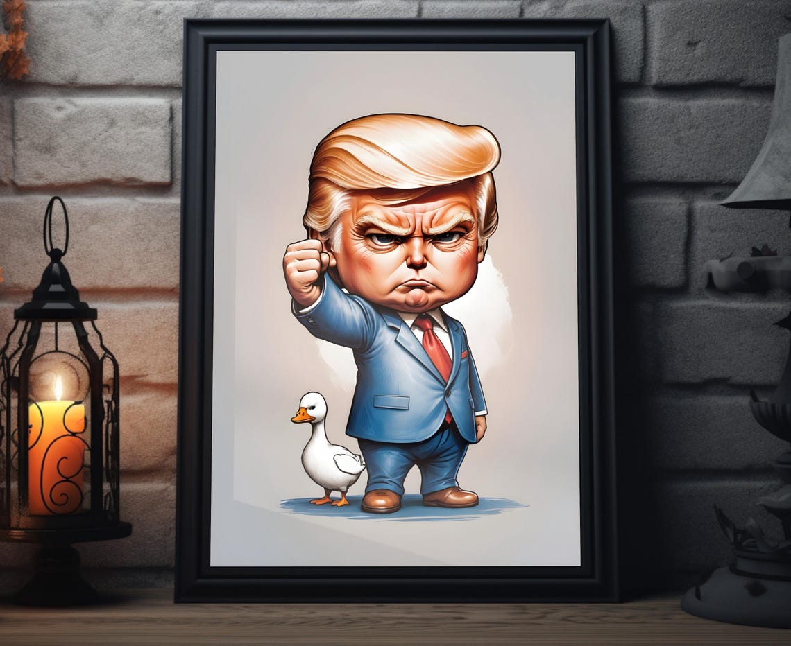 Donald Trump Fist Pump Caricature With Duck Funny MAGA Wall Art Poster
