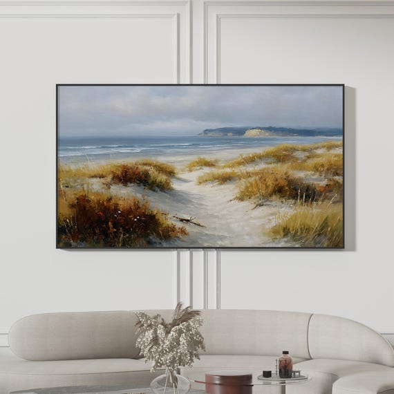 Framed Coastal Dune Print Rustic Seascape Painting Muted Tones