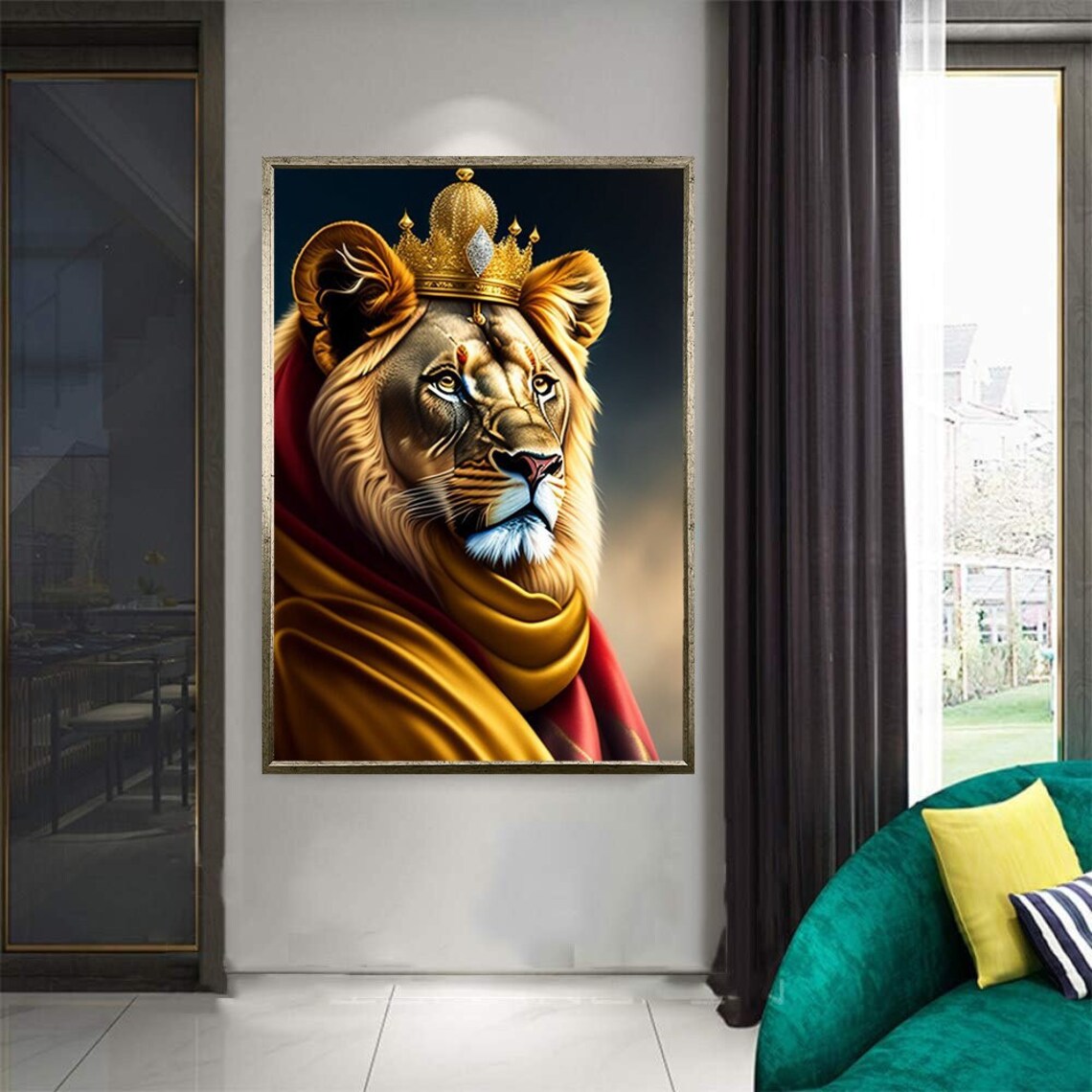 Lion Wearing A Golden Crown Royal Robe Regal Animal Wall Art Poster