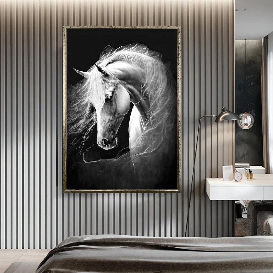 White Horse Elegant Black and White Flowing Mane Portrait Art Print