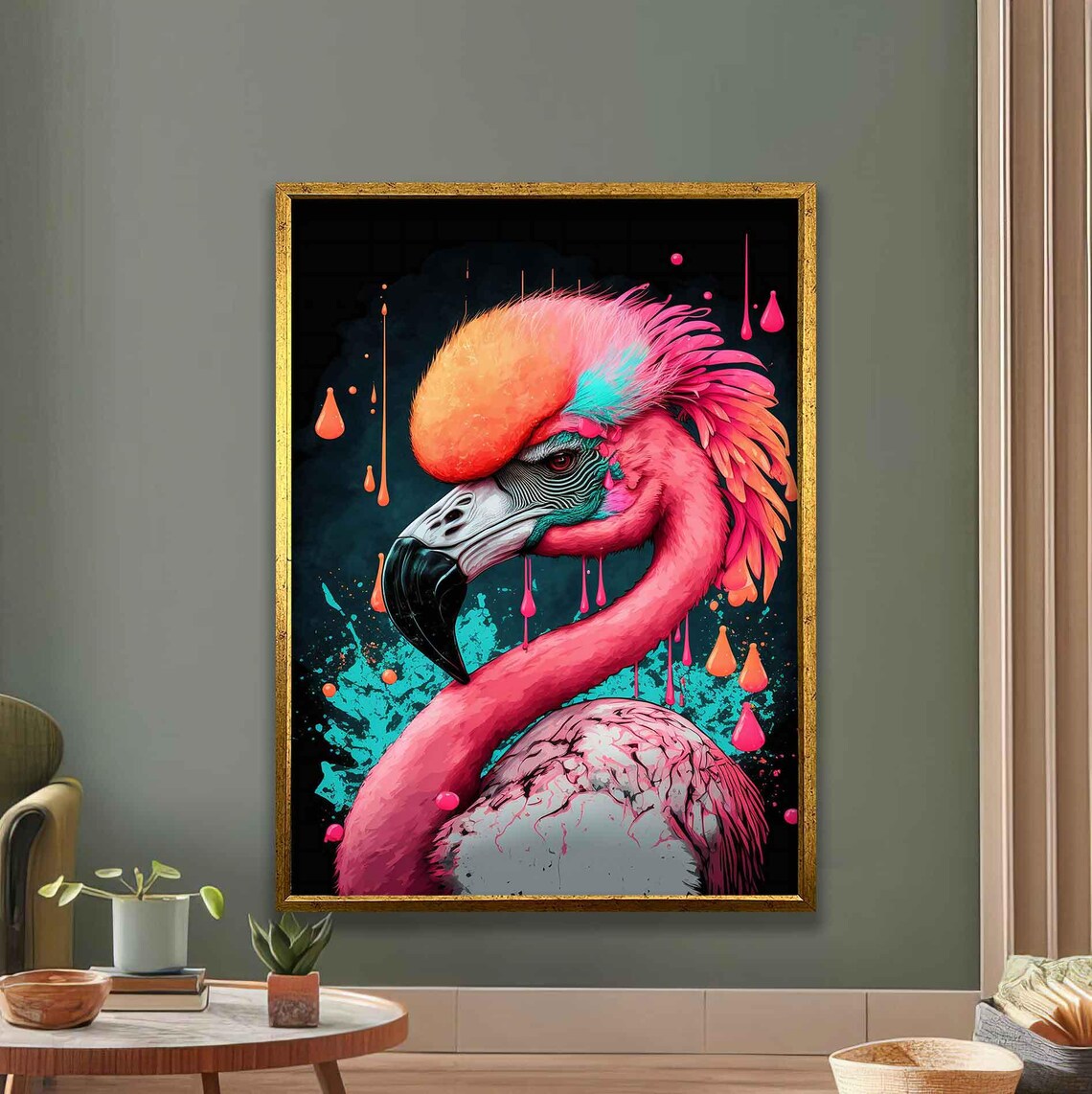 Neon Pink Flamingo Abstract Bird Portrait Modern Animal Poster