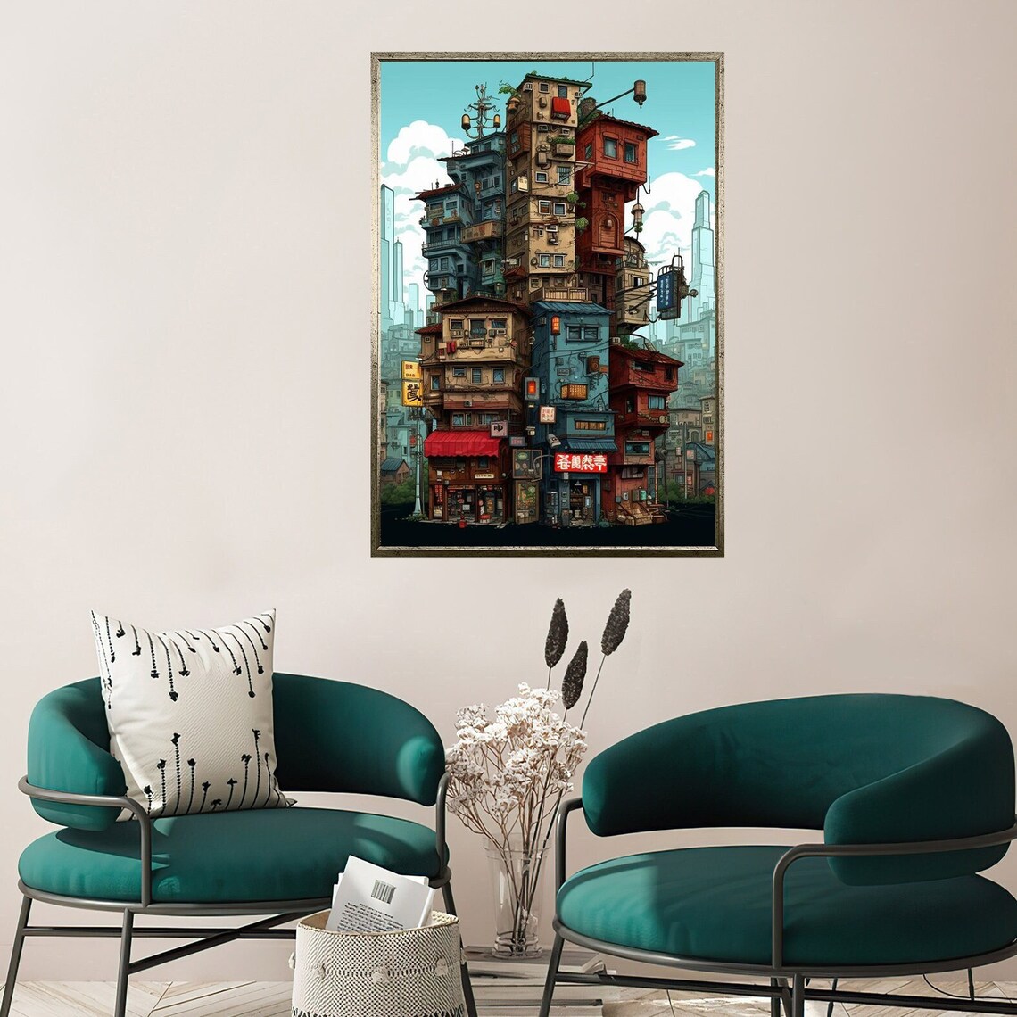 Surreal Stacked City Building Urban Fantasy Anime Style Poster