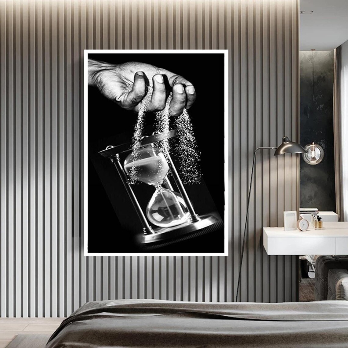 Hand Pouring Sand Into Hourglass Black And White Time Wall Art Print