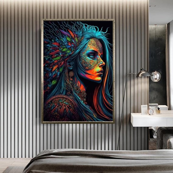 Neon Psychedelic Woman Feather Headdress Vibrant Colorful Art Poster