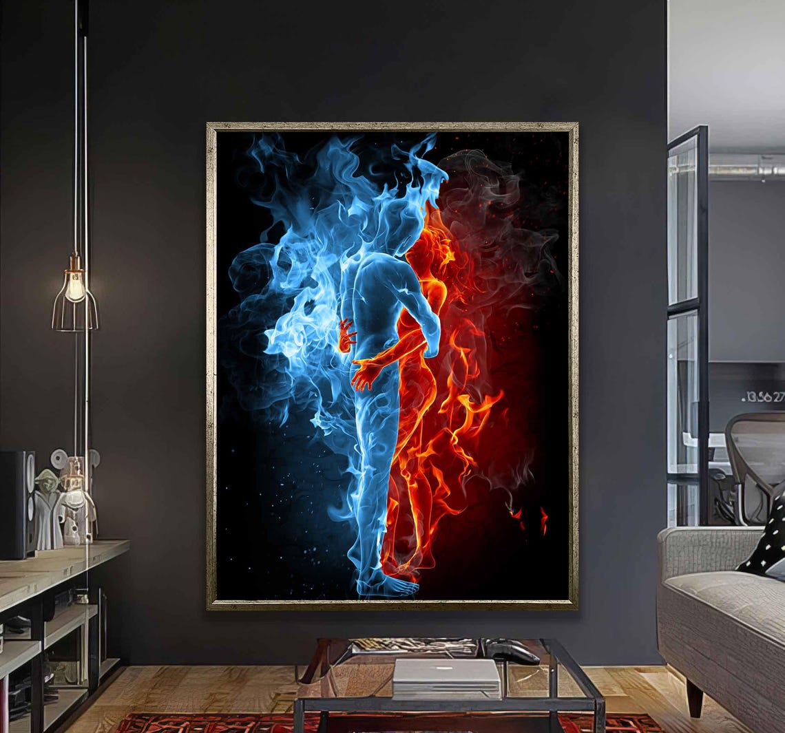 Fire And Ice Couple Embrace Blue Flame Red Passion Abstract Art Poster