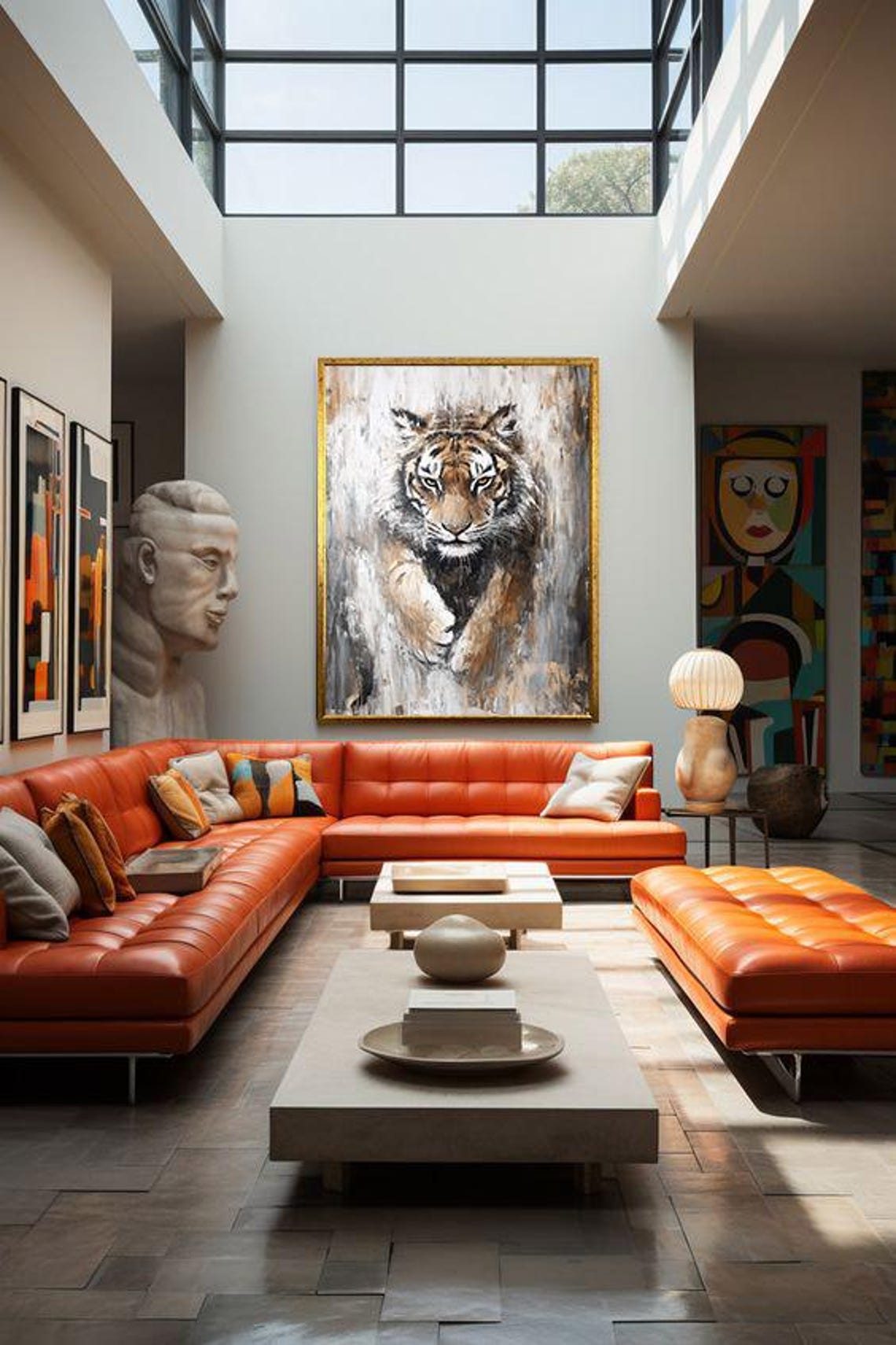 Tiger Prowling Abstract White Grey Painting Wild Cat Animal Art Poster