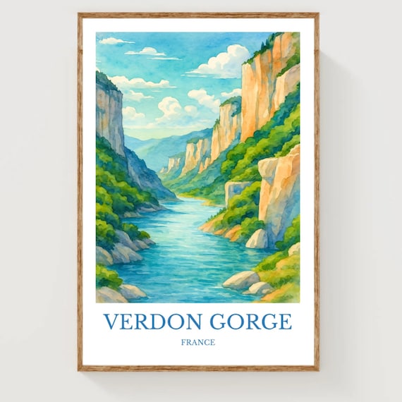 Verdon Gorge France Turquoise River Canyon Watercolor Travel Poster