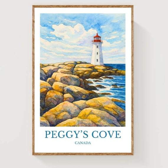 Peggy's Cove Lighthouse Watercolor Coastal Travel Poster Canada