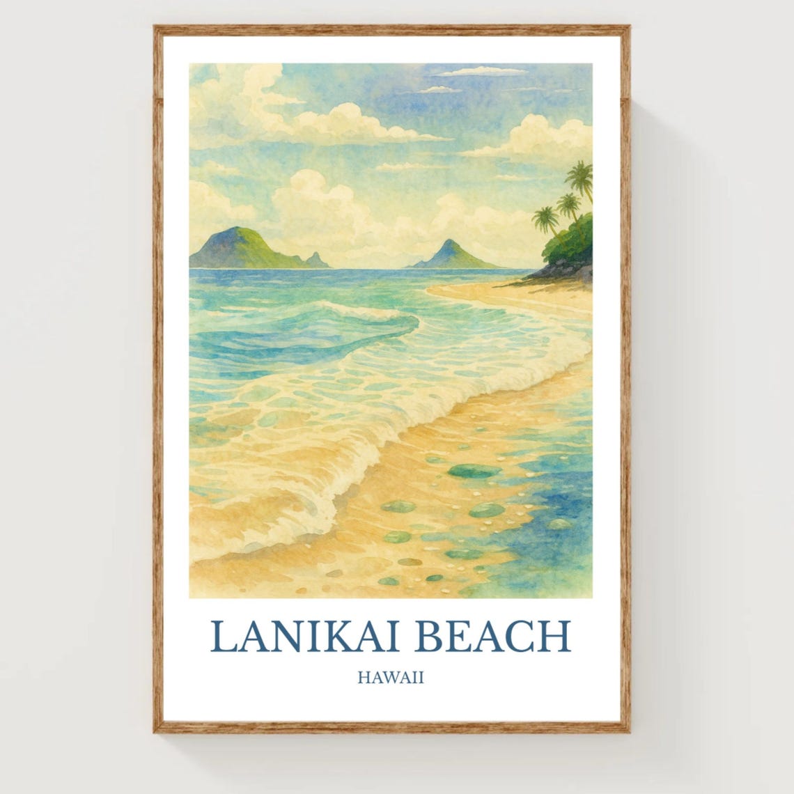 Lanikai Beach Hawaii Watercolor Turquoise Waves Travel Poster