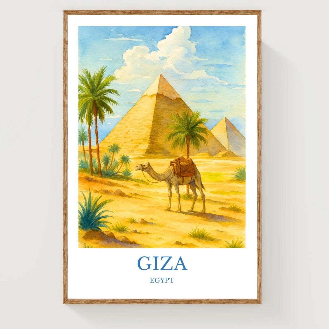 Giza Egypt Watercolor Travel Poster with Pyramids Camel and Palms