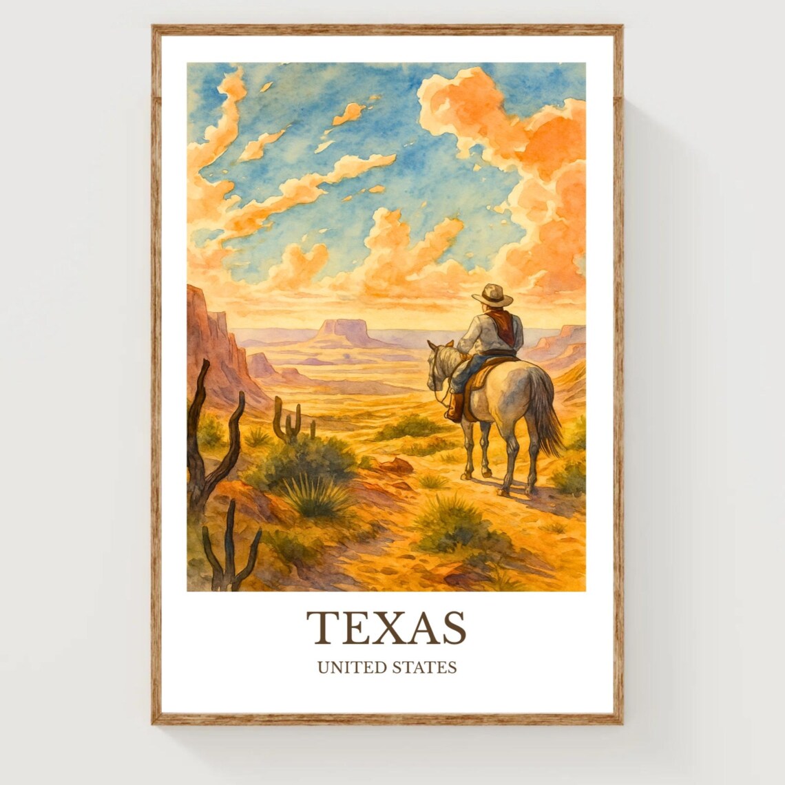 Texas Desert Cowboy On Horseback Golden Sunset Canyon Travel Poster