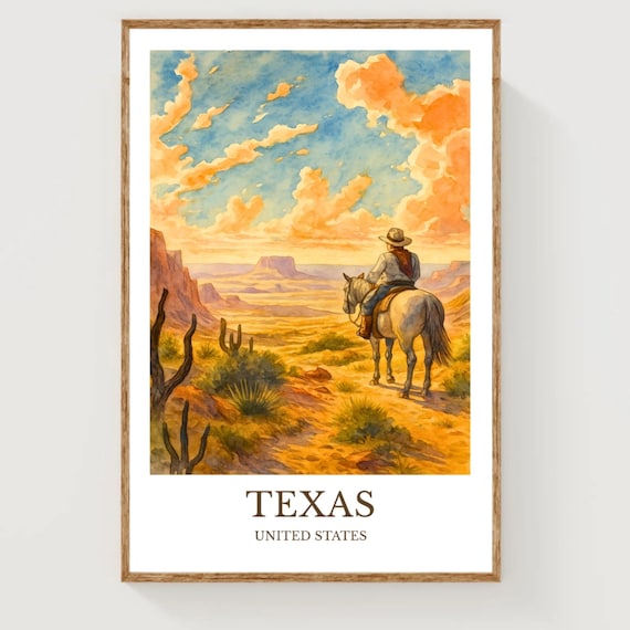 Texas Desert Cowboy On Horseback Golden Sunset Canyon Travel Poster