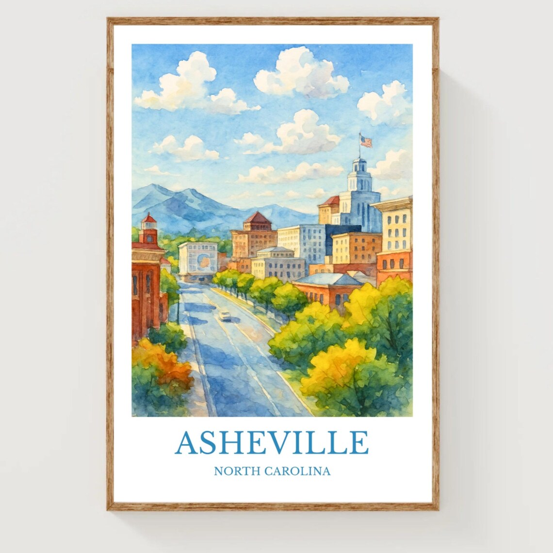 Asheville North Carolina Travel Poster Watercolor Downtown Mountains