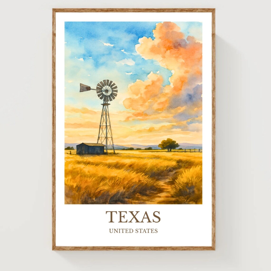 Texas Windmill Prairie Sunset Watercolor American West Travel Poster