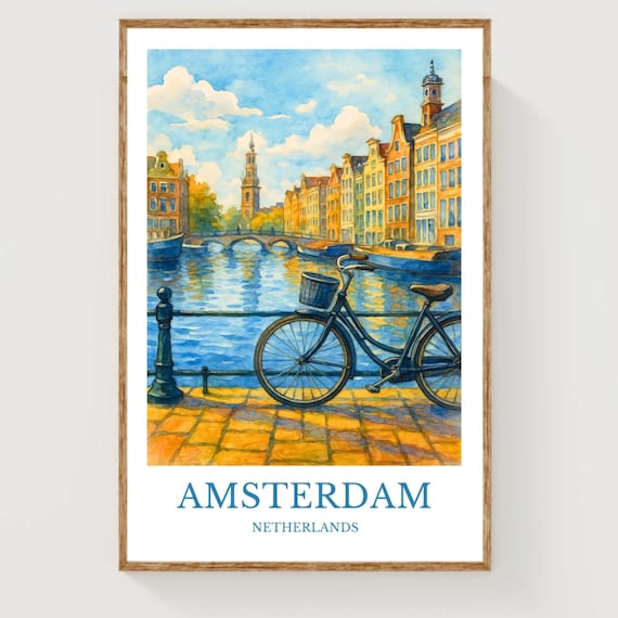 Amsterdam Netherlands Watercolor Canal Bicycle Gabled Houses Poster